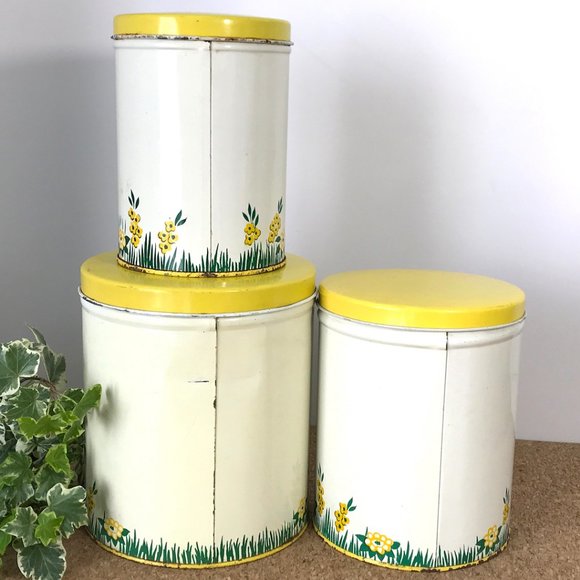 Vintage Tin Canister Set Yellow Flowers Kitchen - Picture 3 of 13